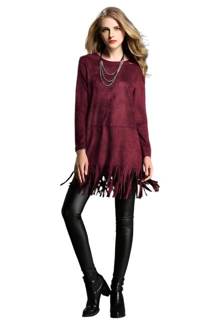 Western Burgundy Maroon Suede Fringes Shirt Cowgirl Dress WWS600