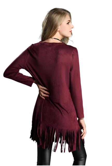 Western Burgundy Maroon Suede Fringes Shirt Cowgirl Dress WWS600