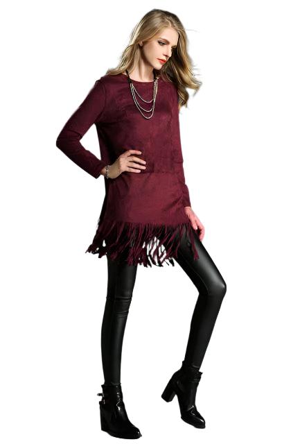 Western Burgundy Maroon Suede Fringes Shirt Cowgirl Dress WWS600