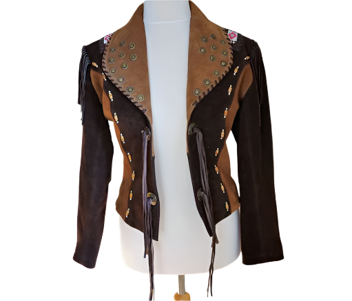 Cowgirl Brown Suede Leather Fringes Beaded Jacket WWJ729