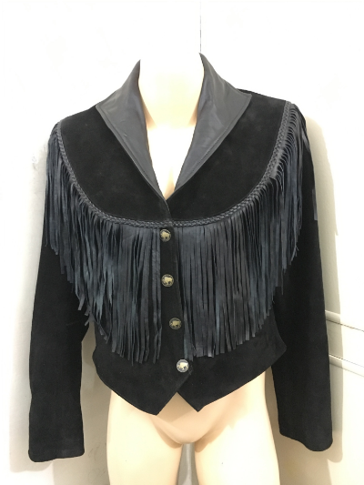 Black Suede Leather Fringe Short Jacket For Women WWJ608