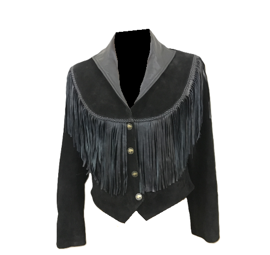 Black Suede Leather Fringe Short Jacket For Women WWJ608