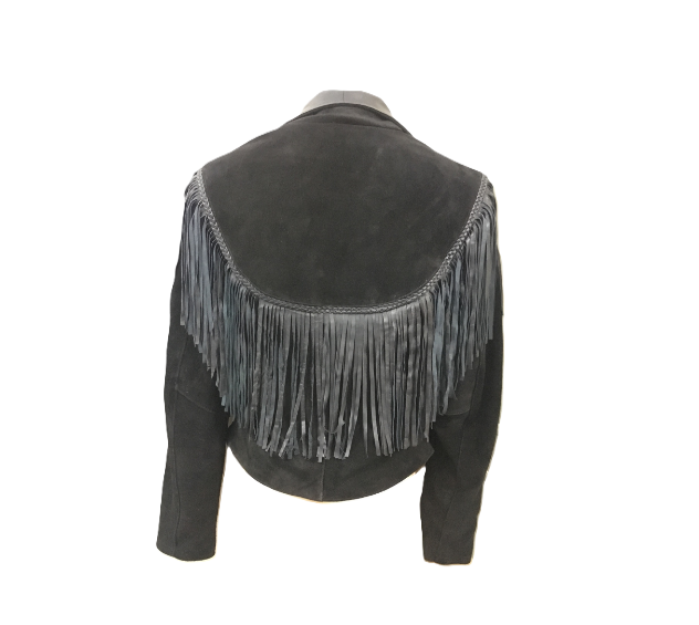 Black Suede Leather Fringe Short Jacket For Women WWJ608