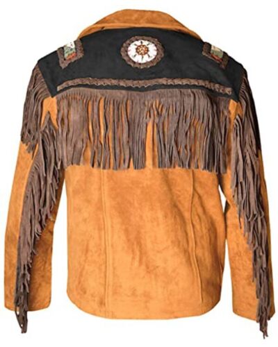 Men's Western Brown Suede Leather Fringes Beaded Jacket MW854