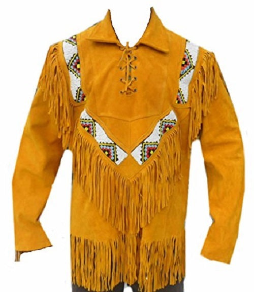 Men's Western Golden Brown Buckskin Suede Hide Mountain Man Shirt Fringes & Beaded MMS335