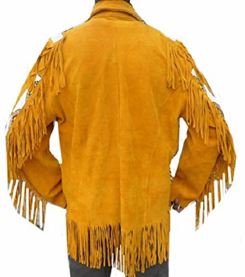 Men's Western Golden Brown Buckskin Suede Hide Mountain Man Shirt Fringes & Beaded MMS335