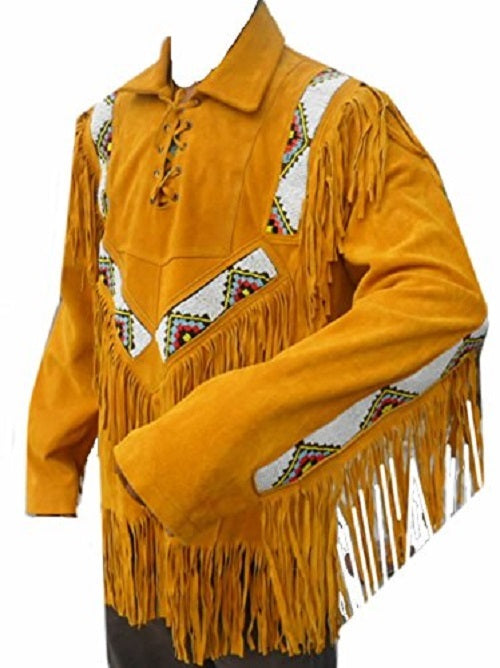 Men's Western Golden Brown Buckskin Suede Hide Mountain Man Shirt Fringes & Beaded MMS335