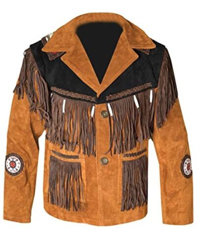 Men's Western Brown Suede Leather Fringes Beaded Jacket MW854