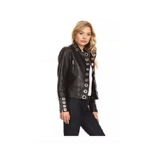 Black Leather Biker Jacket Silver Metal Ring For Women WWJ607