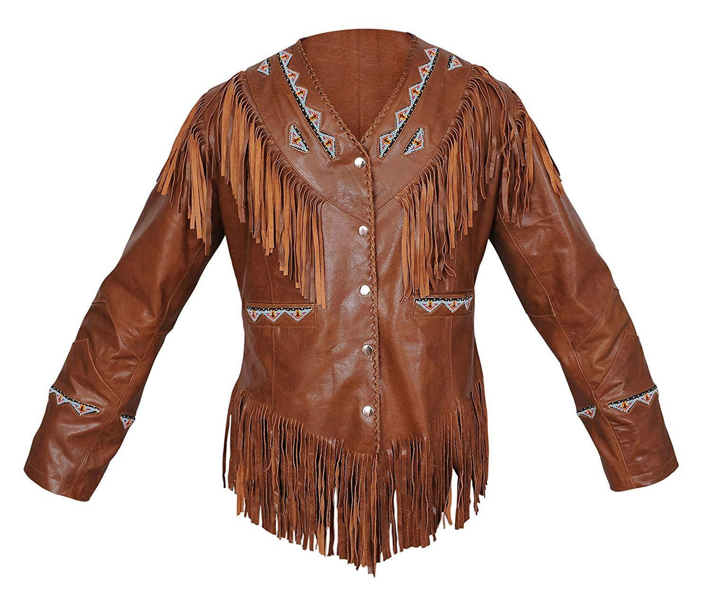 Cowgirl Brown Leather Fringes Beaded Jacket WWJ514