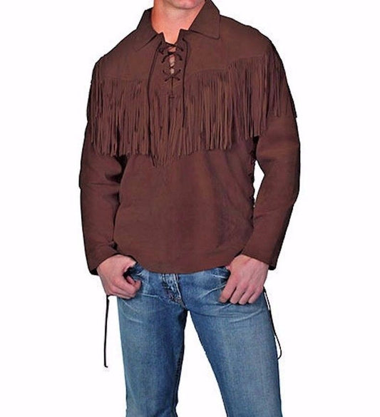 Men's Western Beige Buckskin Suede Mountain Man Fringes Pullover Shirt MMS33