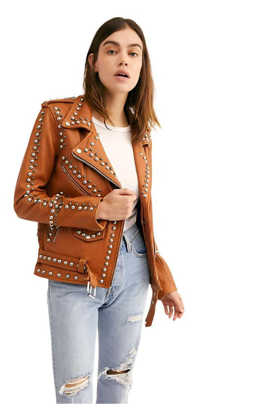 Cowgirl Brown Leather Silver Studded Biker Jacket WWJ731