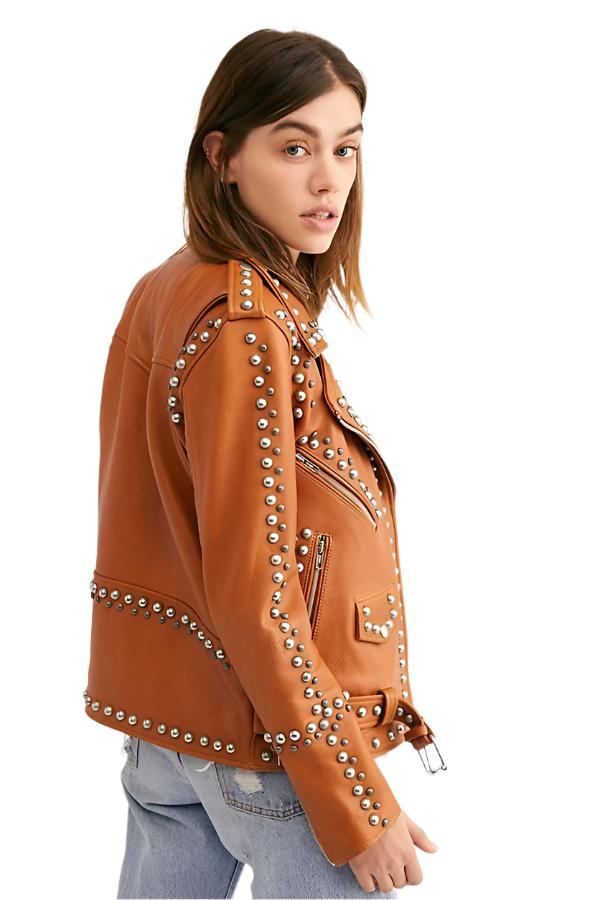 Cowgirl Brown Leather Silver Studded Biker Jacket WWJ731