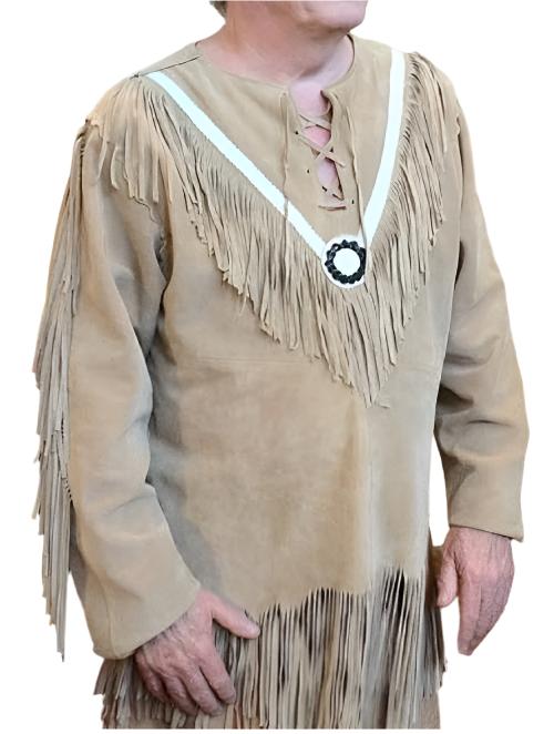 Men's Western Buckskin Suede Hide Mountain Man Shirt Fringes & Beaded MMS635