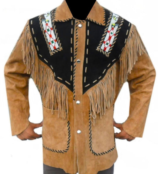 Men's Western Brown Buckskin Suede Leather Eagle Beaded Fringes Jacket MW36