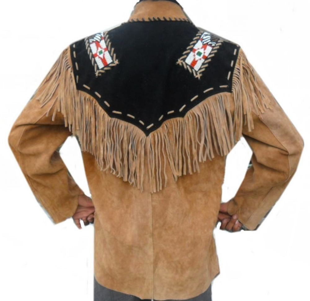 Men's Western Brown Buckskin Suede Leather Eagle Beaded Fringes Jacket MW36