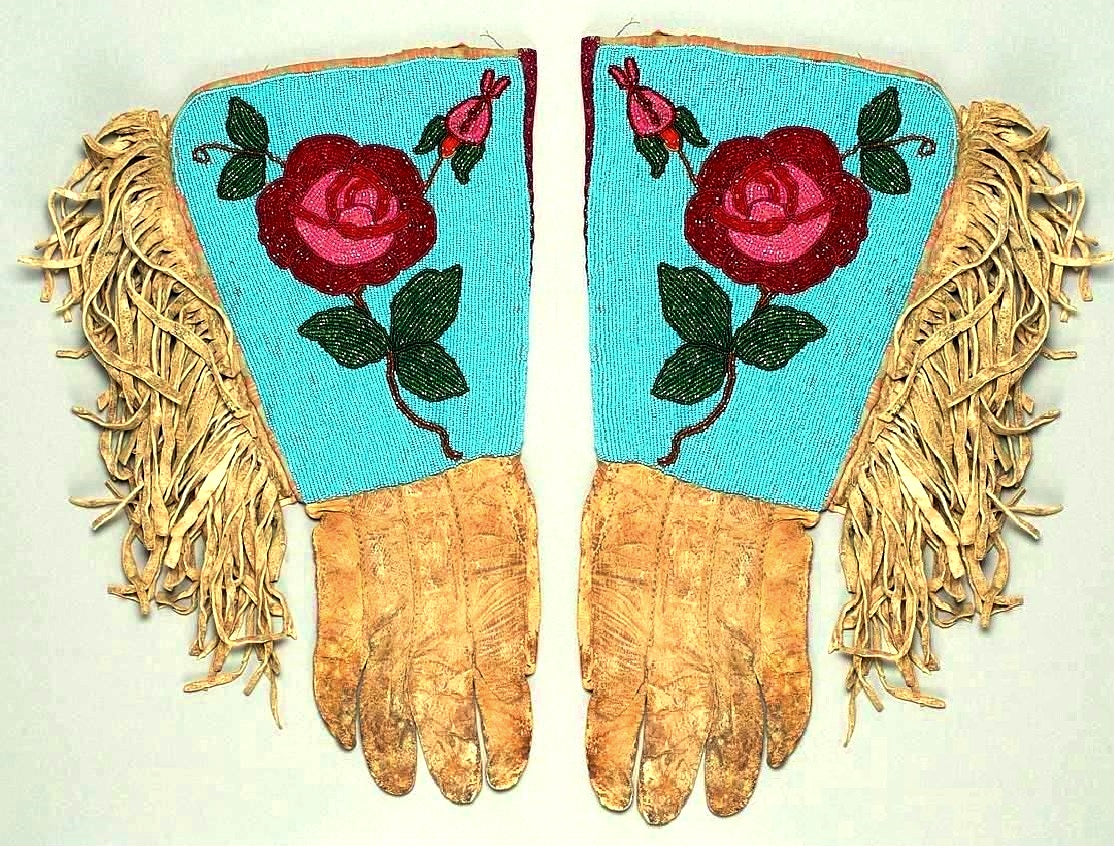 Floral Beaded Gloves Old Native American Style Handmade Leather Gauntlet Gloves NGV38