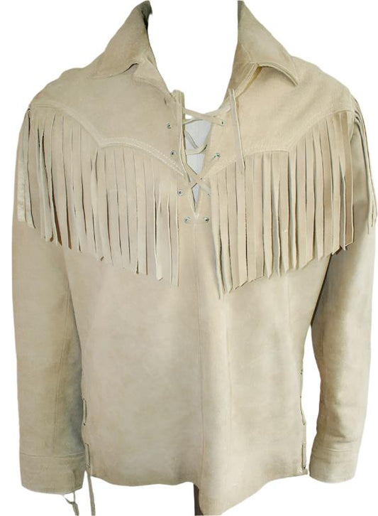 Men's Western Beige Buckskin Suede Mountain Man Fringes Pullover Shirt MMS452