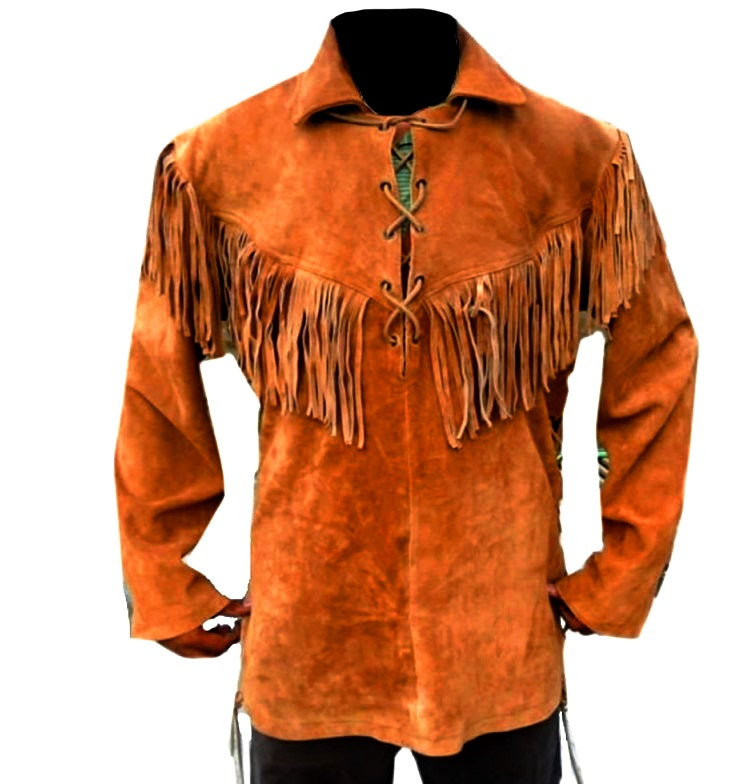 Men's Western Brown Buckskin Suede Hide Mountain Man Fringes Pullover Shirt MMS396