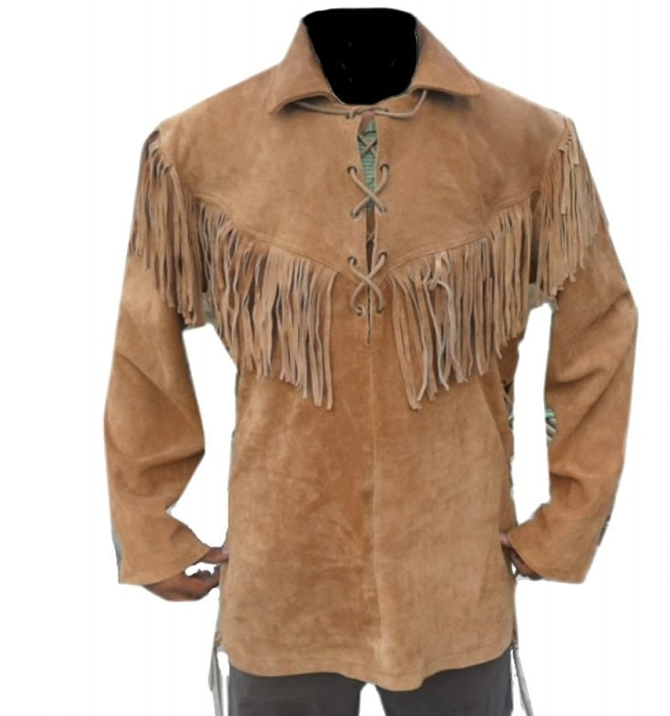 Men's Western Brown Buckskin Suede Hide Mountain Man Fringe Shirt MMS395