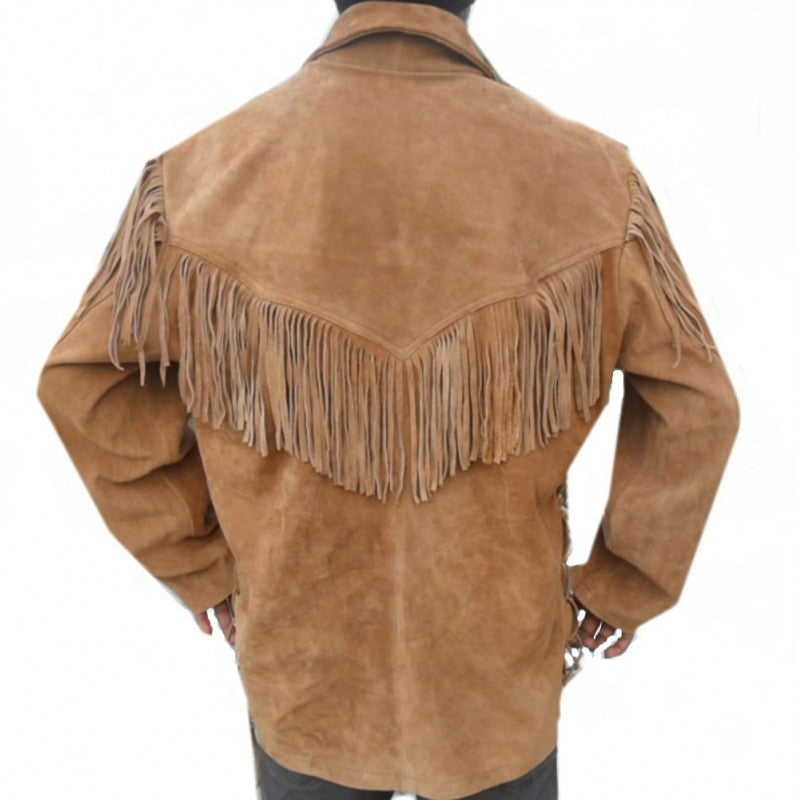 Men's Western Brown Buckskin Suede Hide Mountain Man Fringe Shirt MMS395