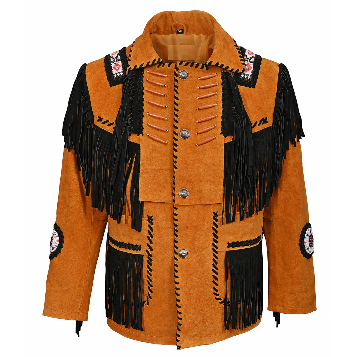 Men's Western Suede Leather Fringes Beaded Jacket MW846