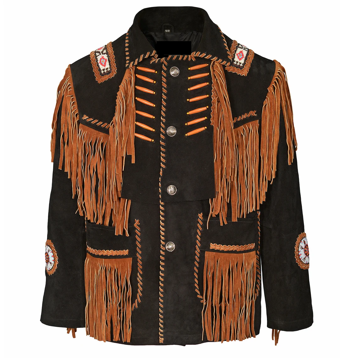 Men's Western Suede Leather Fringes Beaded Jacket MW846