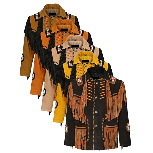 Men's Western Suede Leather Fringes Beaded Jacket MWJ875