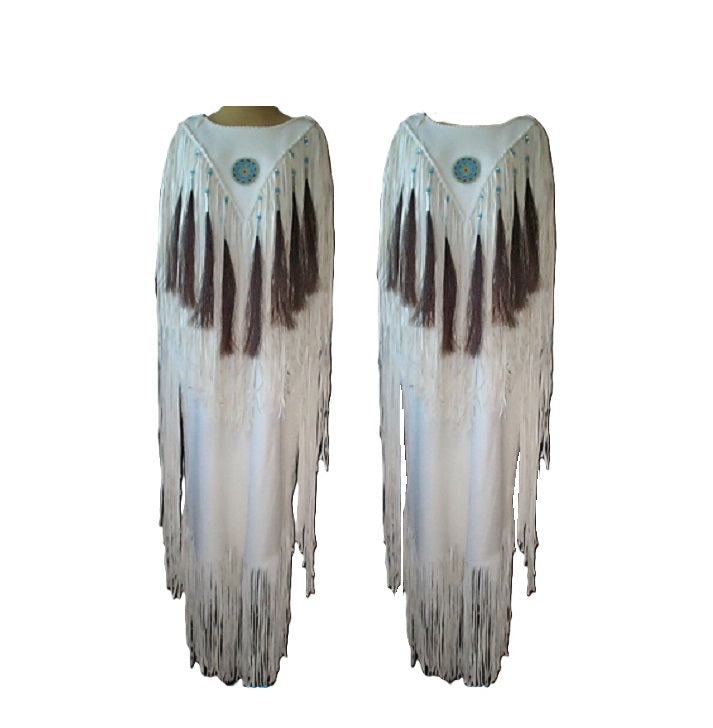 Native Women's White Leather Long Fringes Wedding Dress Powwow Regalia PWD107