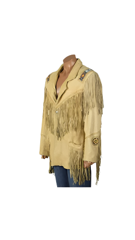 Cowgirl Beige Leather Fringes Beaded Jacket WWJ670