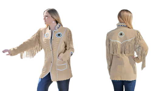 Cowgirl Beige Suede Leather Fringes Beaded Jacket Coat WWJ724