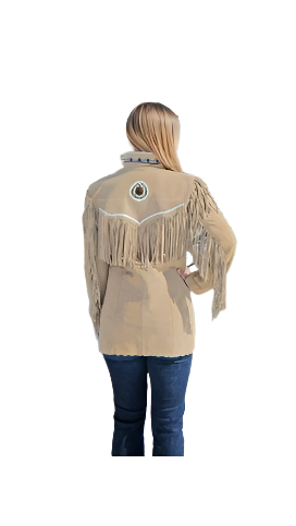 Cowgirl Beige Suede Leather Fringes Beaded Jacket Coat WWJ724