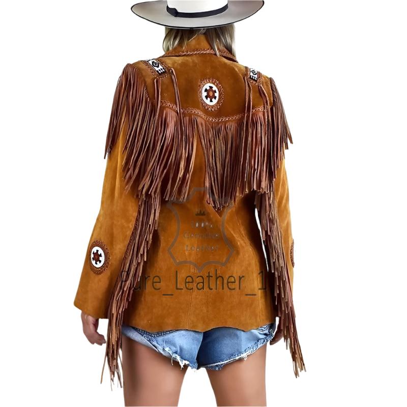 Brown Suede Leather Fringes Beaded Jacket For Women WWJ730