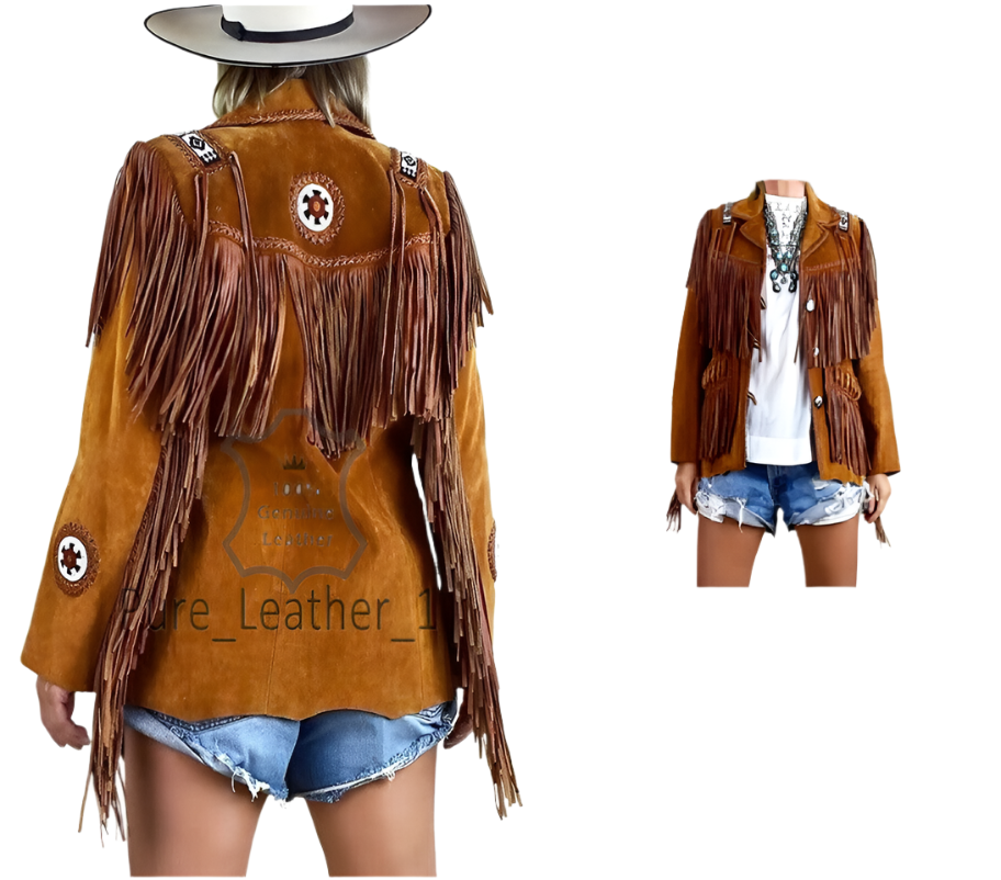 Brown Suede Leather Fringes Beaded Jacket For Women WWJ730