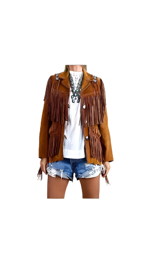 Brown Suede Leather Fringes Beaded Jacket For Women WWJ730