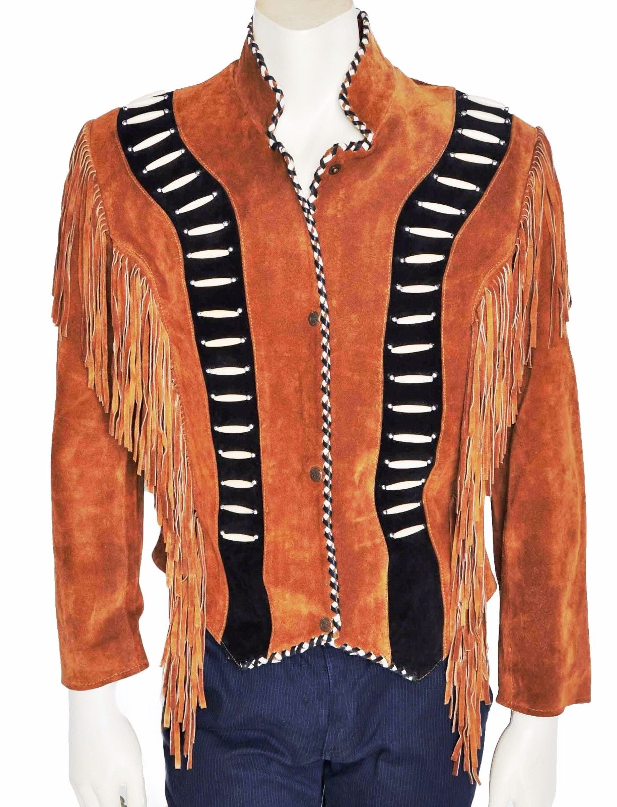 Brown Suede Leather Fringes Bone Jacket For Women WWJ618