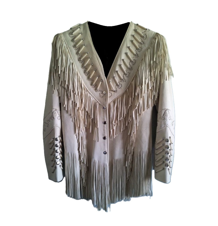 Cowgirl Beige Leather Fringes Bone work Jacket Coat WWJ725