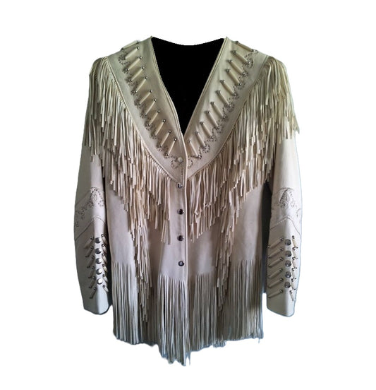 Cowgirl Beige Leather Fringes Bone work Jacket Coat WWJ725