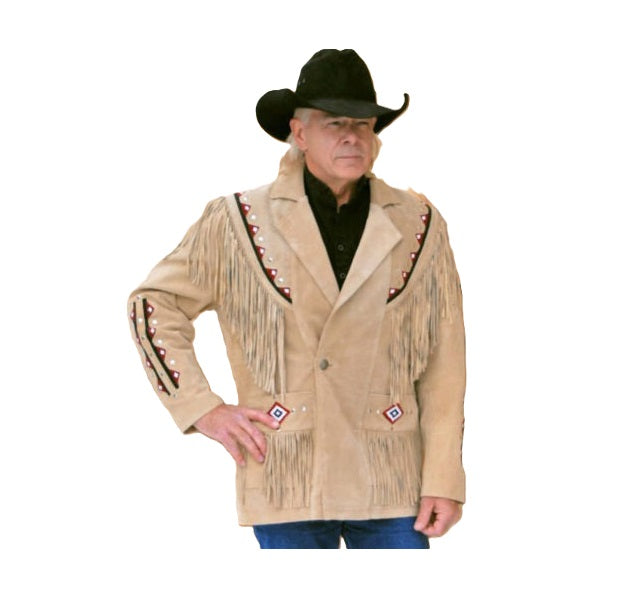 Men's Western Beige Suede Leather Fringe Beaded Jacket MW880