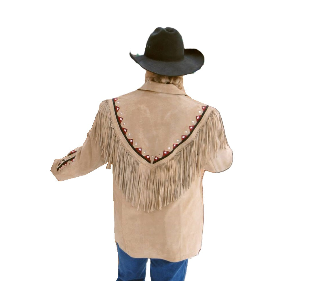 Men's Western Beige Suede Leather Fringe Beaded Jacket MW880