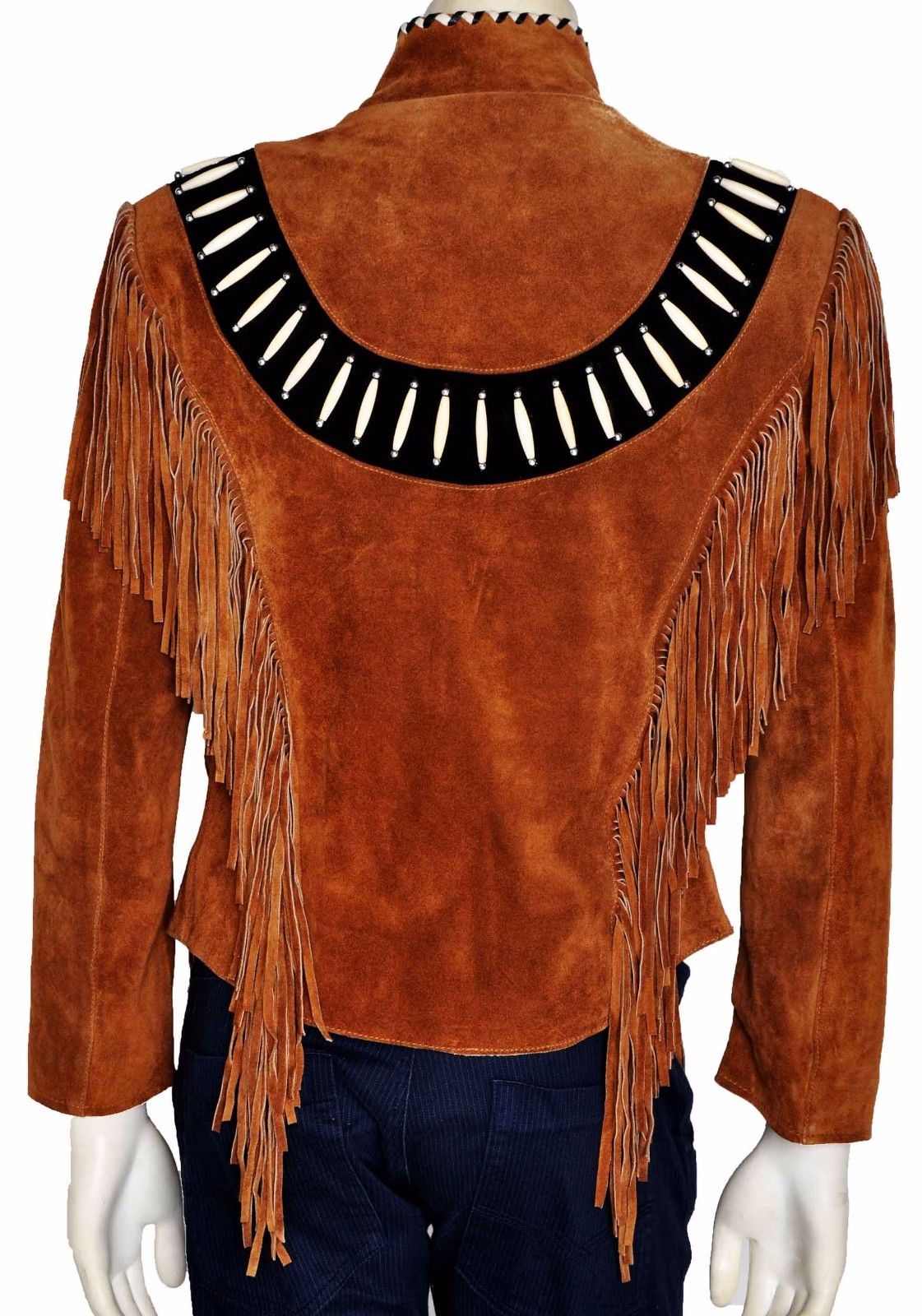 Brown Suede Leather Fringes Bone Jacket For Women WWJ618