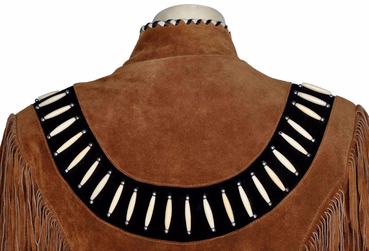 Brown Suede Leather Fringes Bone Jacket For Women WWJ618