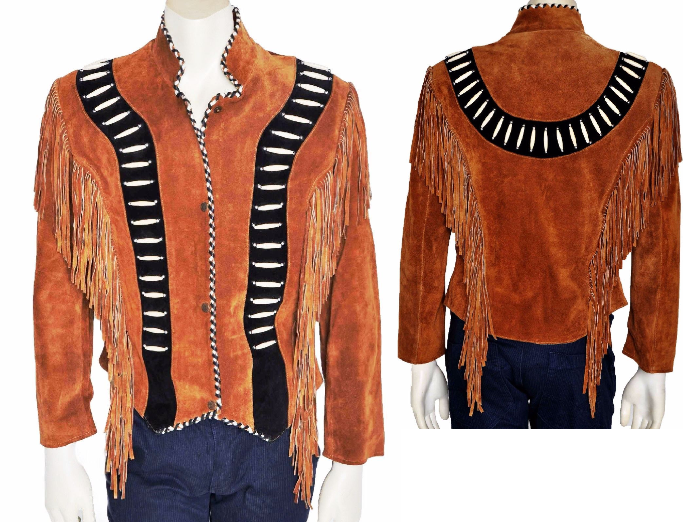 Brown Suede Leather Fringes Bone Jacket For Women WWJ618