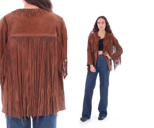 Cowgirl's Brown Suede Leather Long Fringes Jacket WWJ619