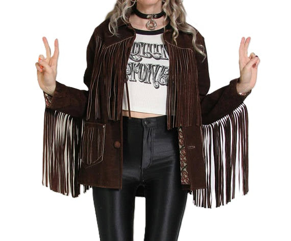 Brown Suede Leather Long Fringes Jacket For Women WWJ557