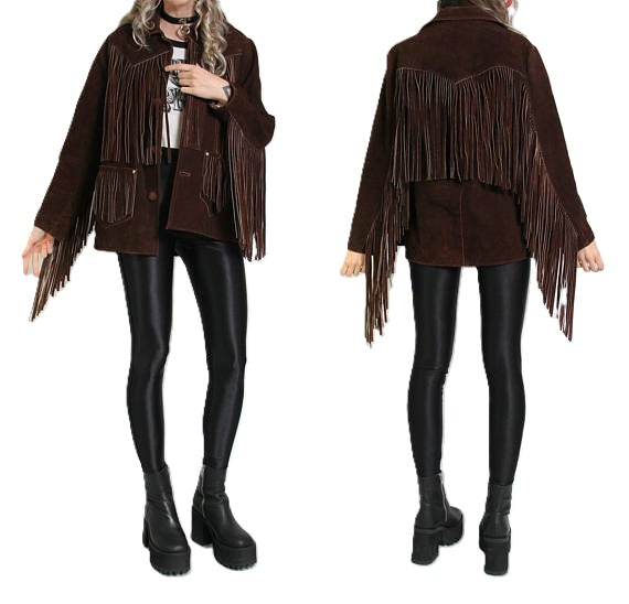 Brown Suede Leather Long Fringes Jacket For Women WWJ557