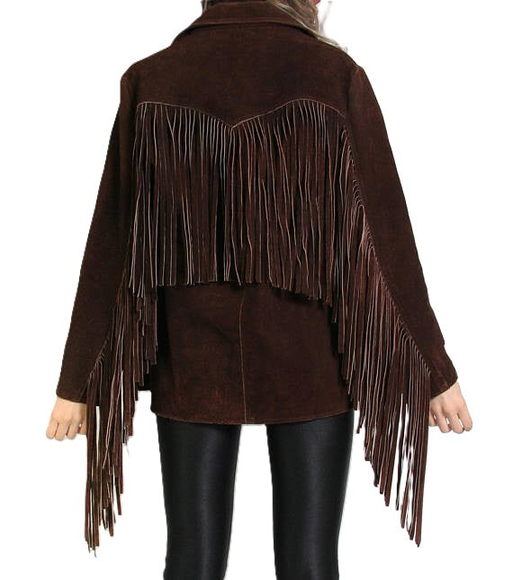 Brown Suede Leather Long Fringes Jacket For Women WWJ557