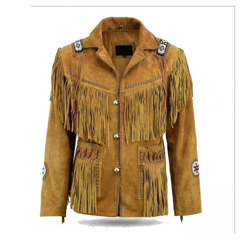 Brown Suede Leather Fringe Beaded Jacket For Women WWJ505