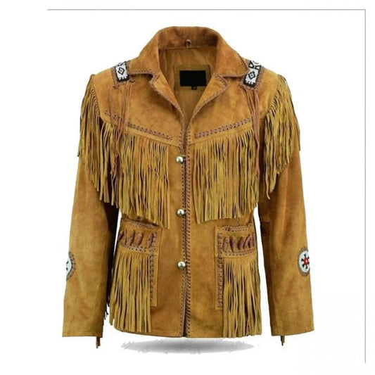 Brown Suede Leather Fringe Beaded Jacket For Women WWJ505