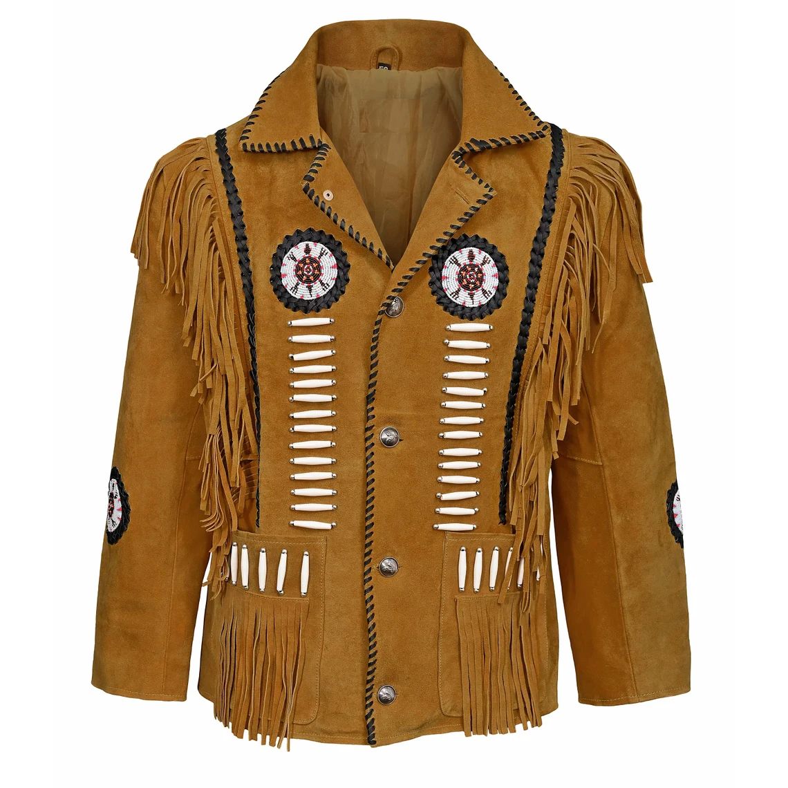 Men's Western Brown Suede Leather Fringes Beaded Jacket MW848